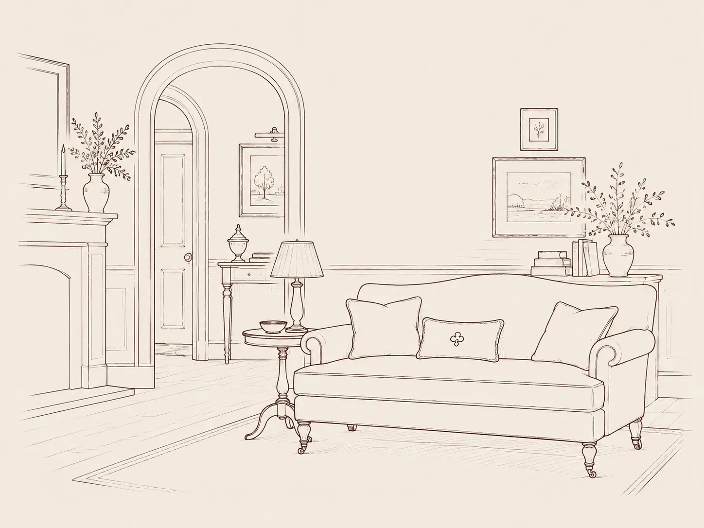 Fine oxblood line illustration of a welcoming, characterful sitting room on a warm paper background
